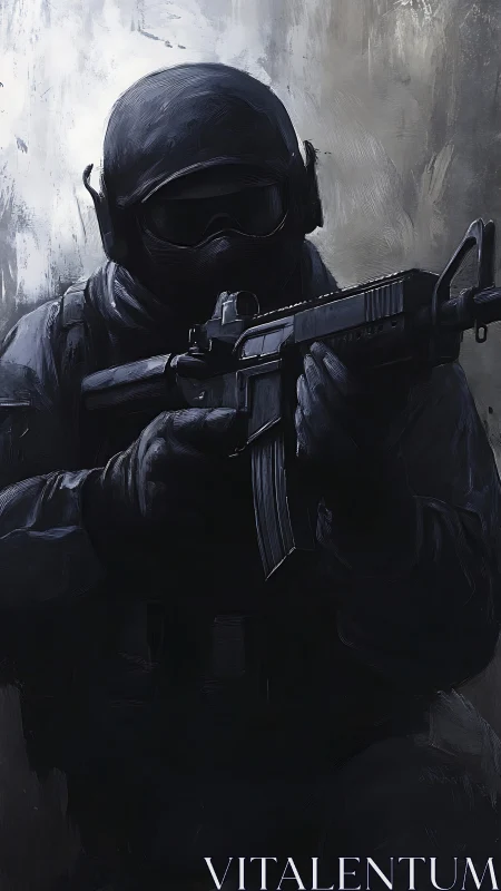 Shadow-clad commando waits in tense steel-gray silence.