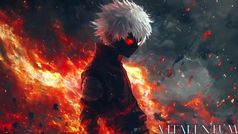 Fiery white-haired antihero stands amid erupting inferno.