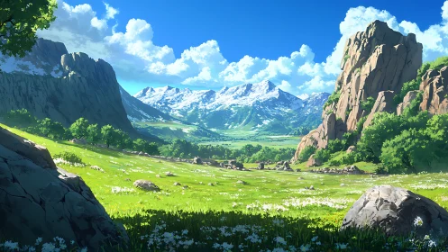 Sunlit mountain valley welcomes a wide green meadow view