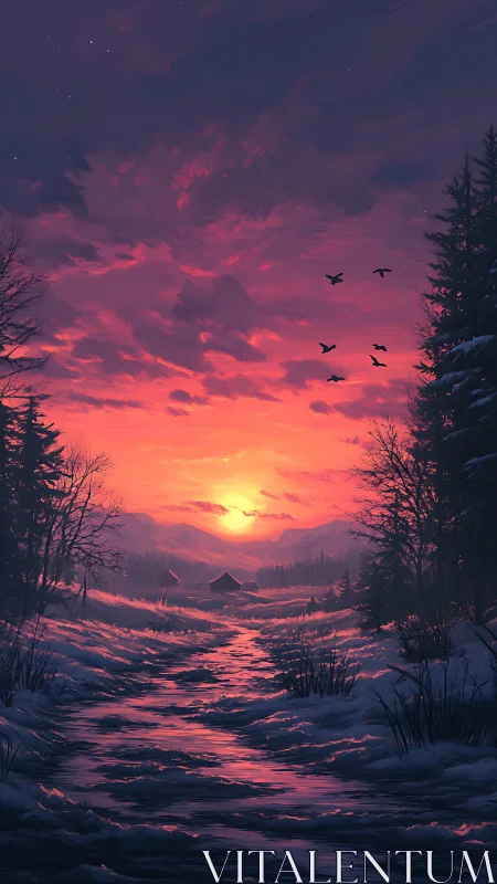 Digital painting of winter valley sunset with stream perspective.
