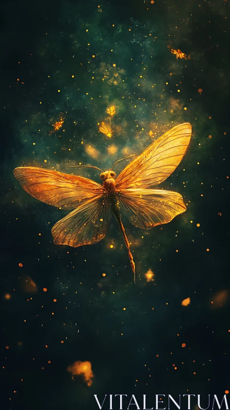 Golden cosmic moth floats through glowing stardust night.
