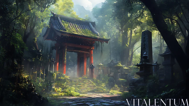 Red torii gate stands in dense forest with stone steps