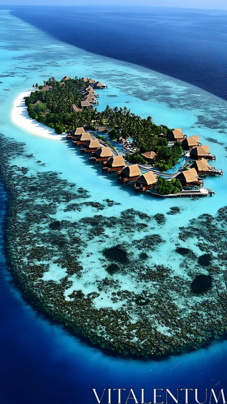 Tropical island resort with overwater bungalows and coral reef.
