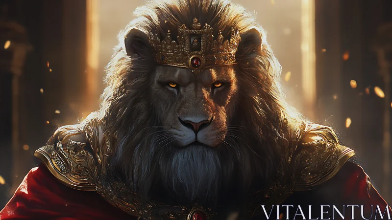 Regal anthropomorphic lion king rendered in dramatic chiaroscuro