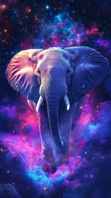 Cosmic elephant strides through neon nebula clouds in space