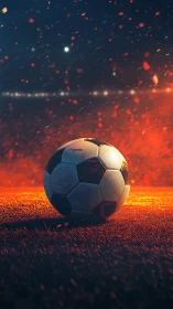 Ignited soccer ball on wet pitch under cinematic sparks.