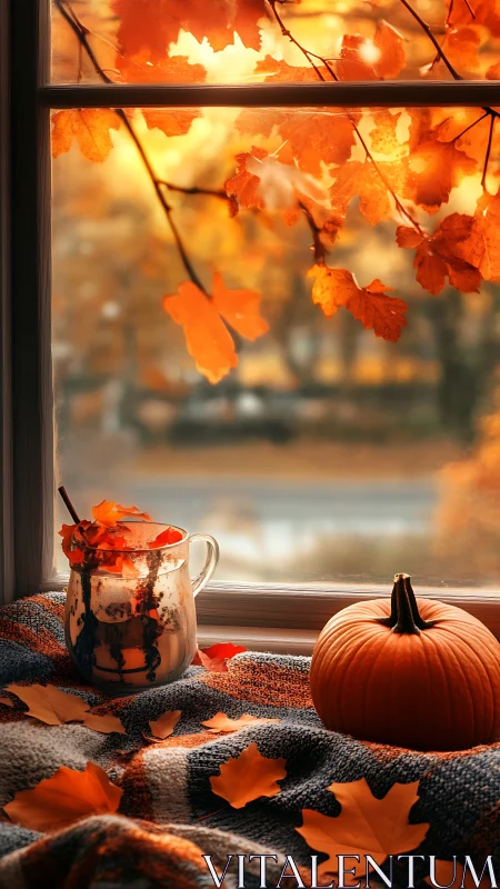 Autumn window vignette with pumpkin, cocoa and golden leaves.