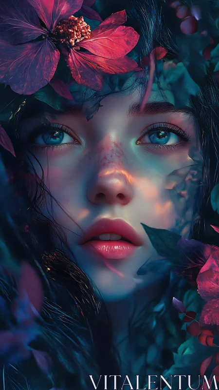 Dreamlike portrait with teal light and crimson blossoms.