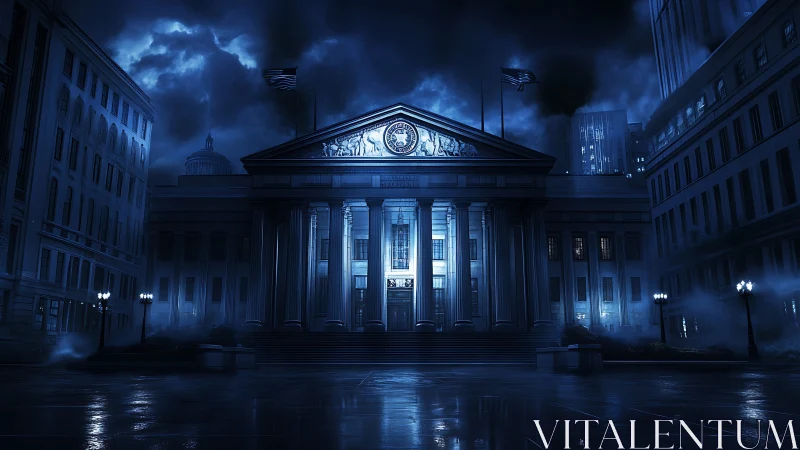 Neoclassical government building at night under blue lighting.