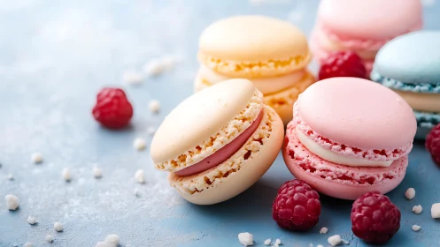 Pastel macarons and berries on a frosted blue dessert stage.