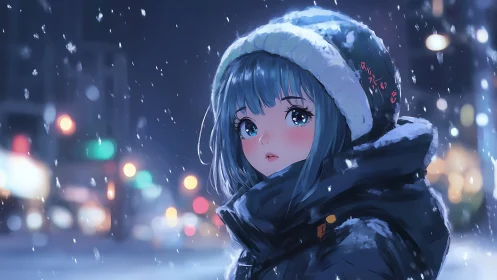 Girl in winter clothing stands in illuminated urban snowfall
