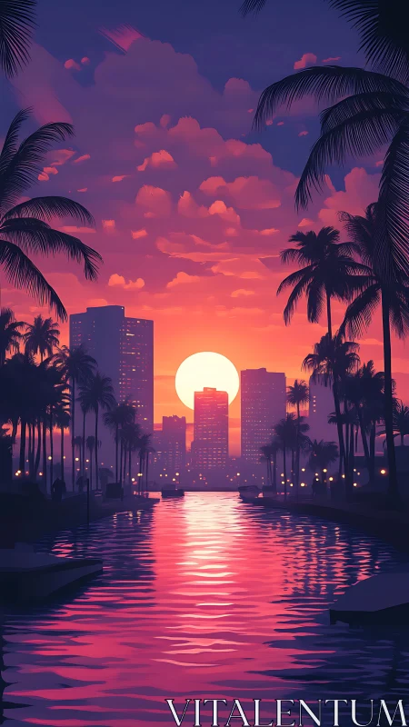 Neon-gradient coastal skyline at sunset with canal reflections.