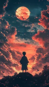 Solitary figure under blood moon in dramatic anime sky