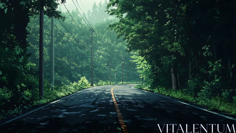 Rural Forest Highway with Yellow Centerline and Utility Poles