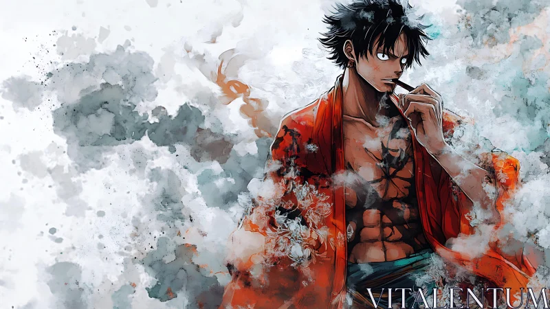 Anime swordsman stands amid diffuse, smoky watercolor effects