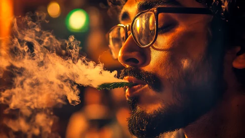 Side profile shows man exhaling smoke illuminated by warm light