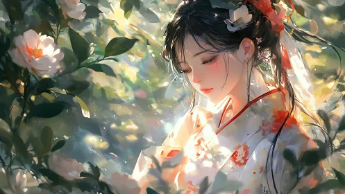 Digital portrait depicts woman in floral kimono amid foliage