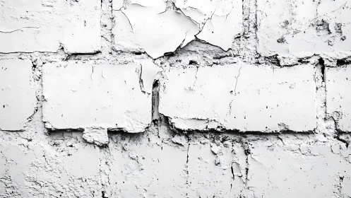 Peeling white brick wall with cracked textured plaster surface.