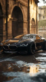 Black BMW coupe concept in wet historic city street scene.