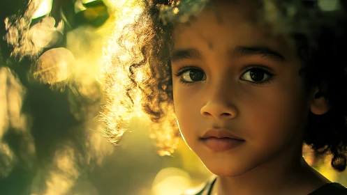 Young child in golden sunlight through leaves