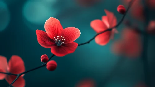 Red Blossoms Against Teal Background. Macro Photography.