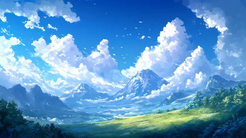 Mountain valley landscape shows bright sky and cumulus clouds