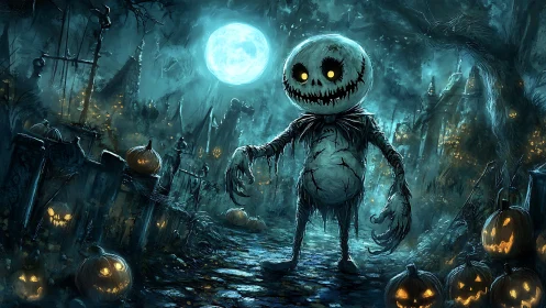 Moonlit stitched scarecrow stalking a haunted pumpkin road.