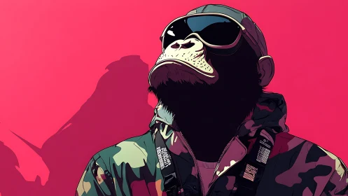 Stylized chimpanzee in camouflage jacket and dark sunglasses.