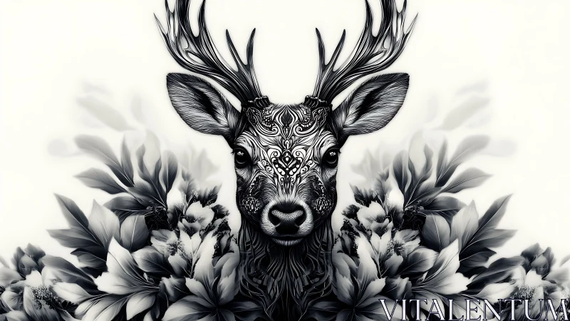 Ornate monochrome stag portrait merges florals and linework