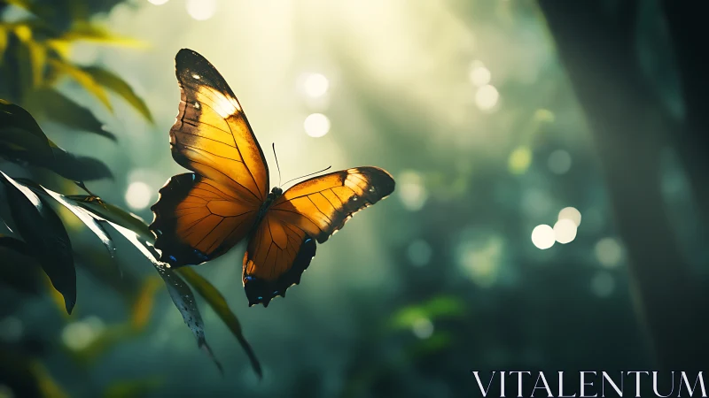 Golden forest butterfly glides gently through soft morning light