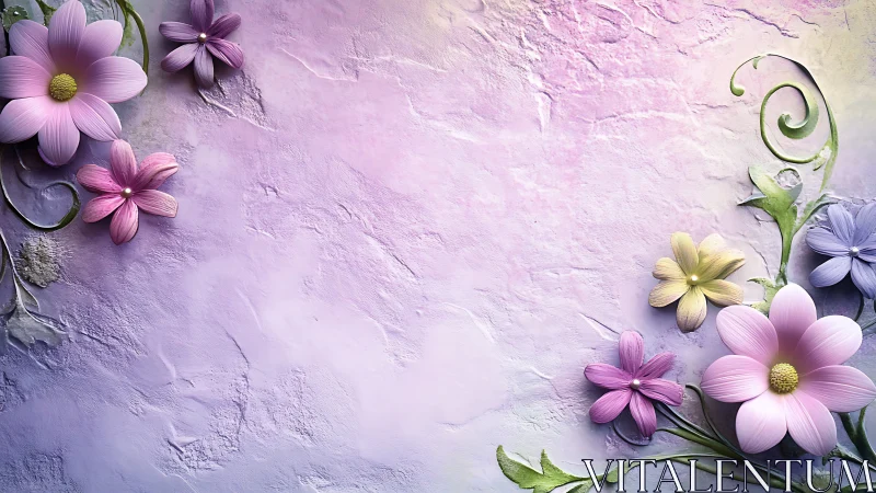 Pastel floral relief on textured lavender plaster wall