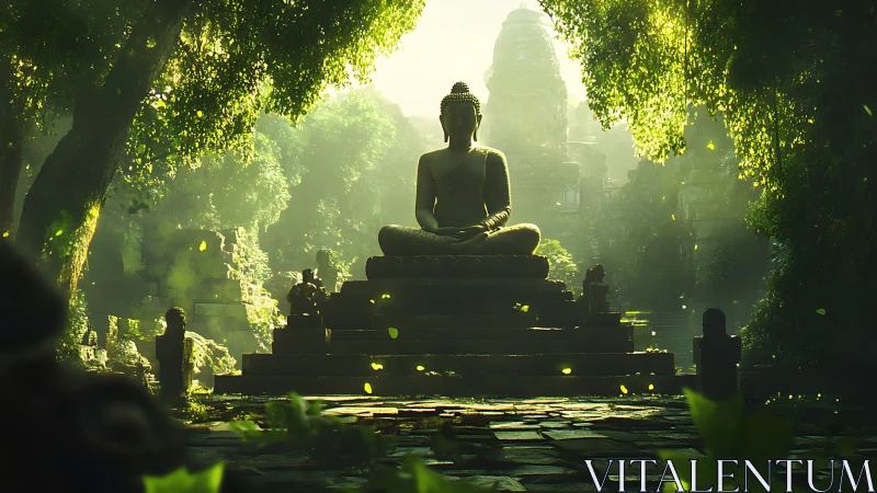 Sunlit jungle temple with serene seated Buddha statue.