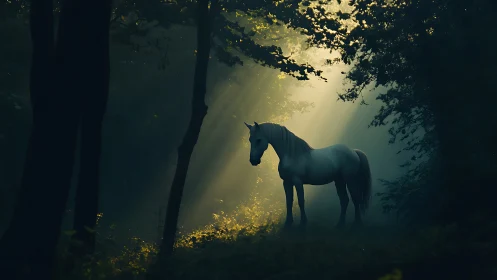 Gentle white horse resting in glowing forest morning light.