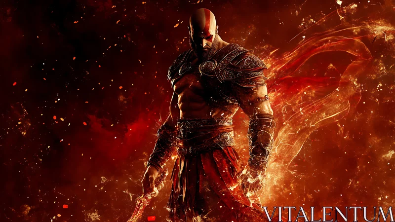 Armored warrior figure in red flames on dark backdrop.
