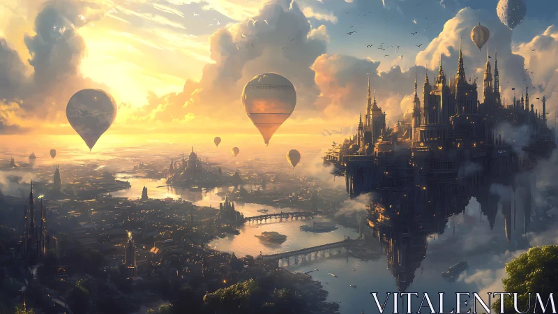 Floating steampunk citadel over river metropolis at dawn.