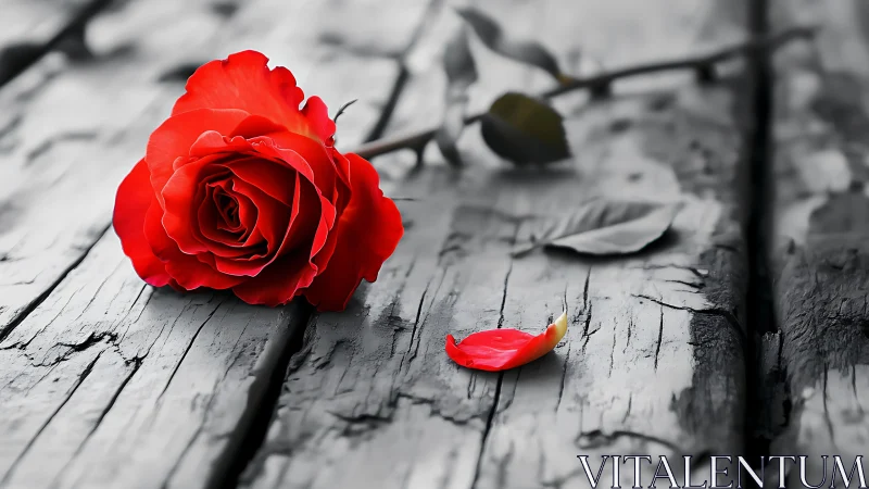 Photorealistic red rose on desaturated rustic timber planks.