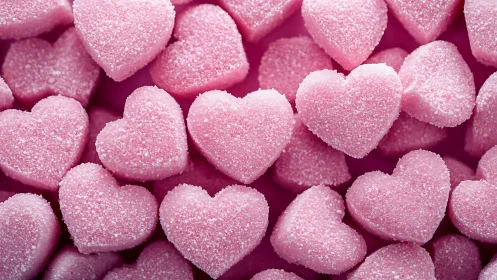 Pink Sugar-Coated Hearts. Confectionery Texture Close-Up.