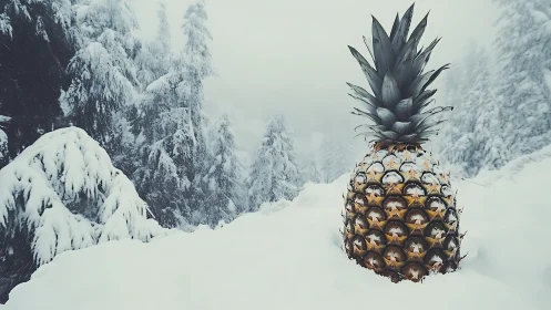 Pineapple stands bright against deep winter snow forest.