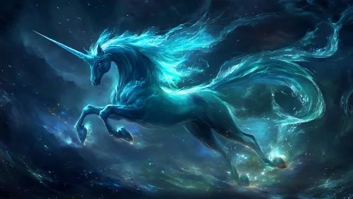 Luminous astral unicorn rendered with dynamic nebular energy trails