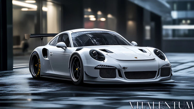 Track-prepped white Porsche GT racer with aero kit in wet city lot