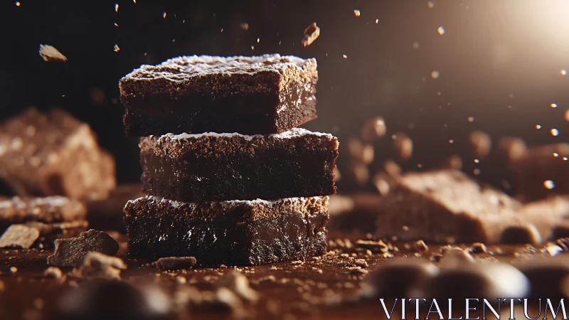 Three stacked chocolate brownies dusted with powder.