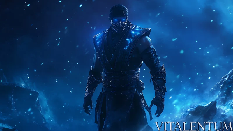 Masked ice warrior in glowing blue storm environment.