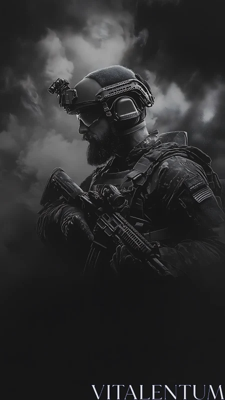 Tactical operator in night-vision gear against storm clouds.