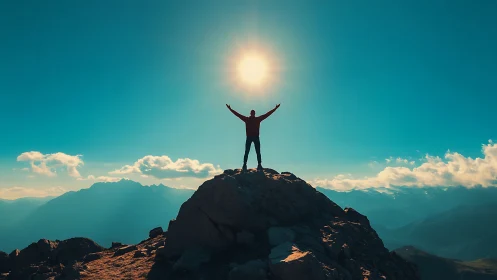 Silhouette hiker claims sunlit summit under vivid teal sky.
