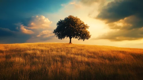 Lone tree on golden field at sunset, dramatic landscape scene.