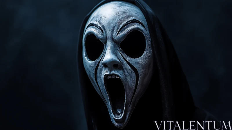 Hooded horror mask with screaming monochrome face.