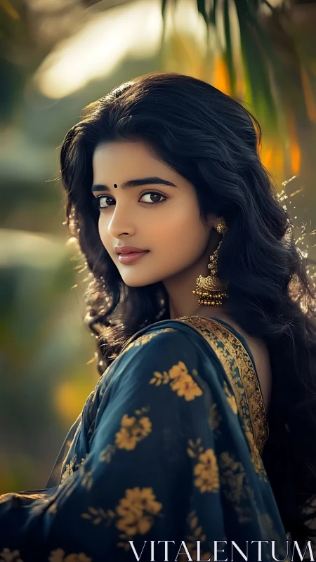 Sunlit glance in a floral sari under gentle evening light.