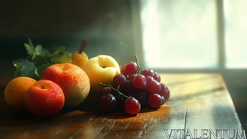 Fresh mixed fruit still life on sunlit wooden table.