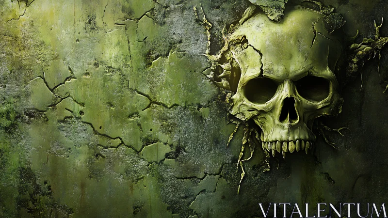 Decayed skull emerging from cracked moss-covered stone wall.