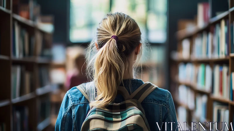 Student with Backpack in Library, Soft Natural Light, Realistic Style.